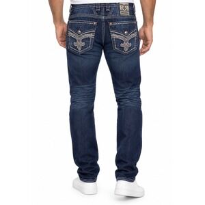 Rock Revival Slim Taper Jeans Mens Size 36 Kort Fleur De Lis Moto Rocker Y2K